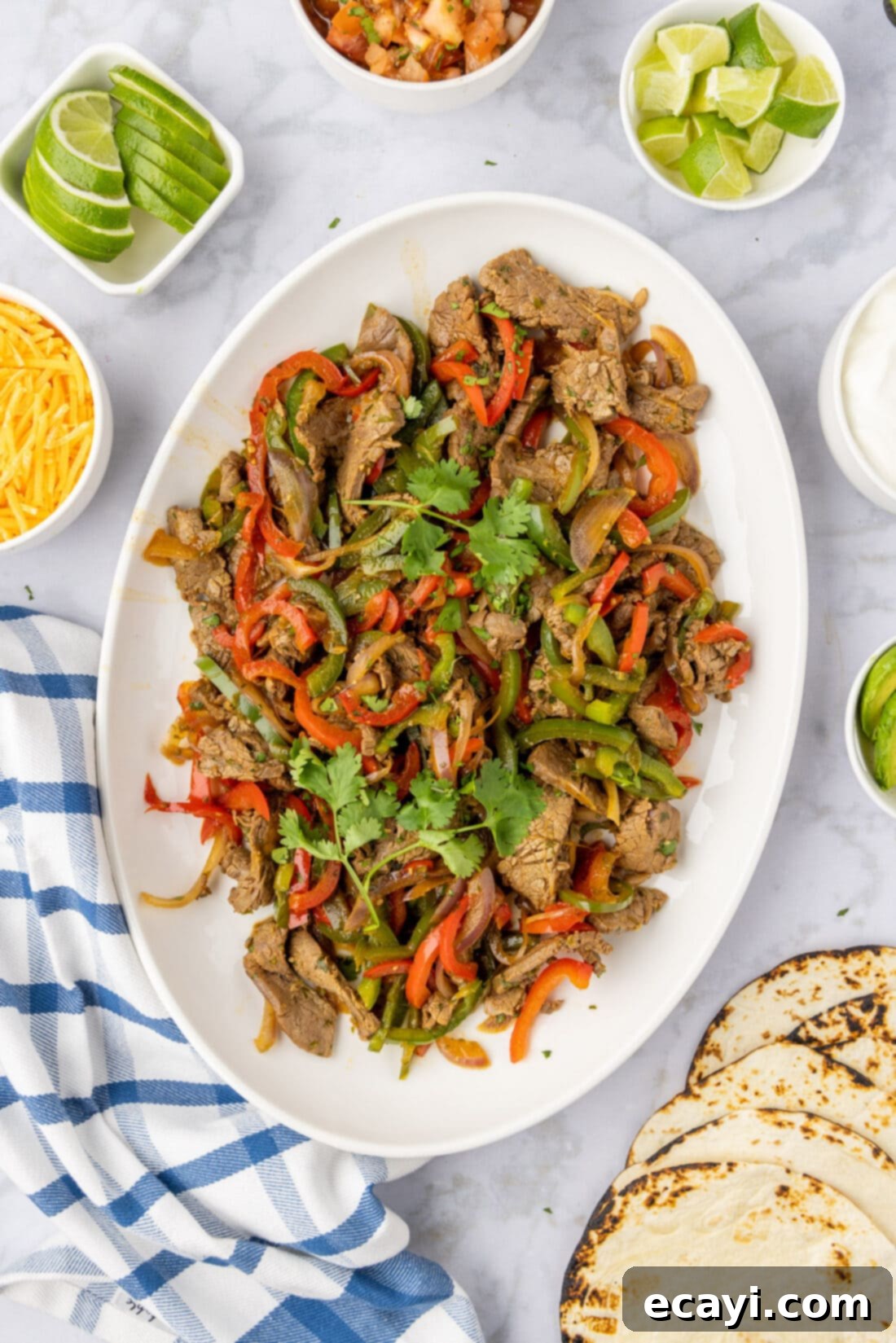 Sizzling Steak Fajitas 3 Steak Fajitas on a platter