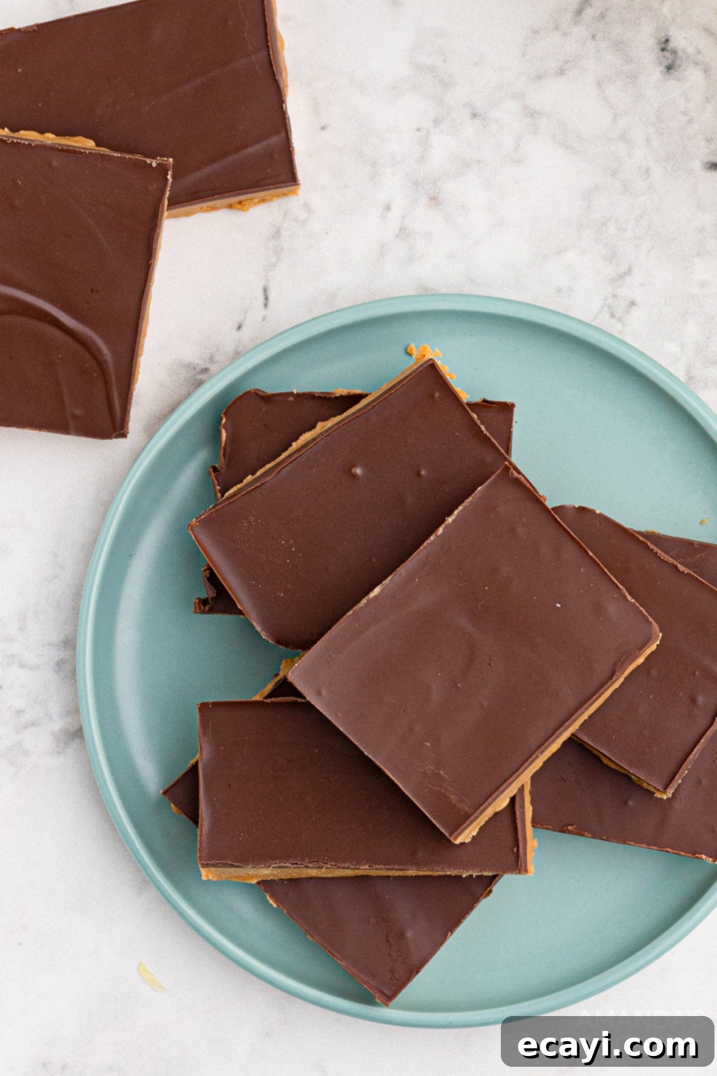Peanut Butter Dream Bars 8 chocolate frosted peanut butter bars arranged artfully on a plate