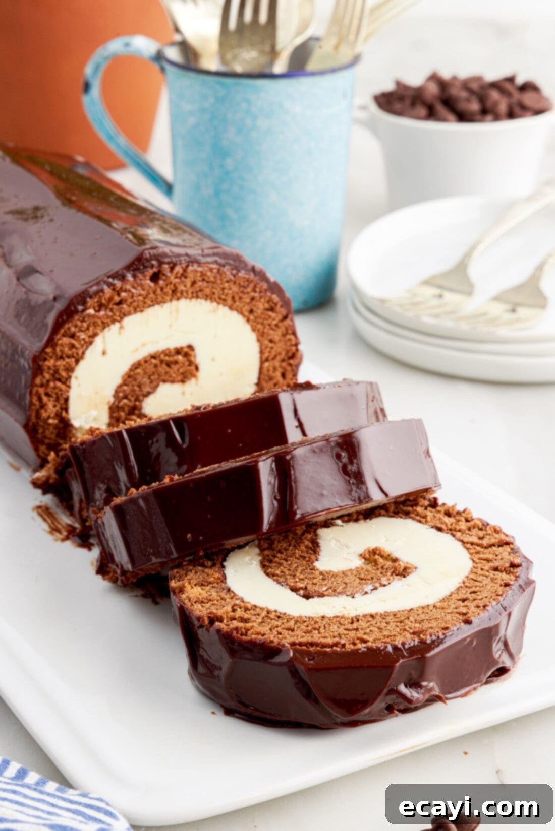 Velvet Chocolate Swirl 2 Swiss Roll cut in slices on a platter