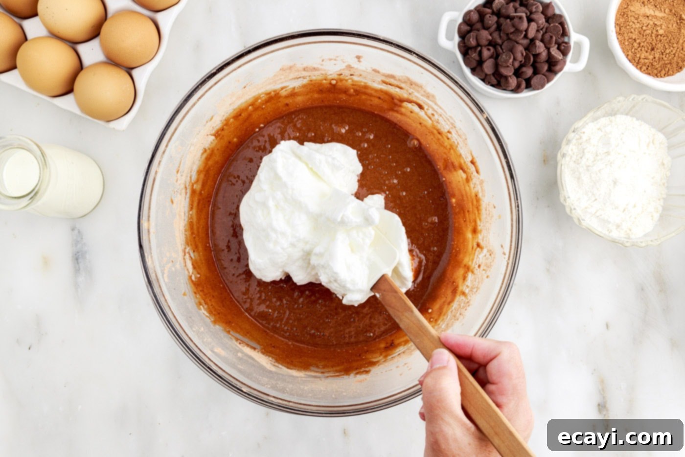 Velvet Chocolate Swirl 10 folding egg white mixture into chocolate cake batter