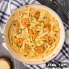 Creamy Cajun Shrimp Pasta 17 Overhead photo of Cajun Shrimp Pasta in a skillet