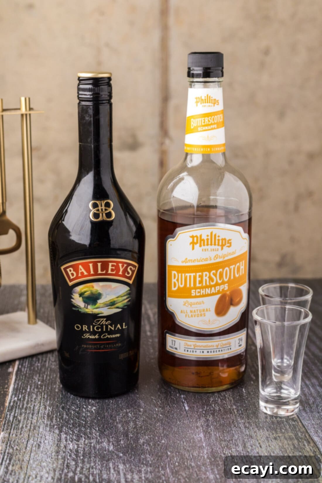 Buttery Nipple Bliss 4 Ingredients for Buttery Nipple Shot laid out on a table