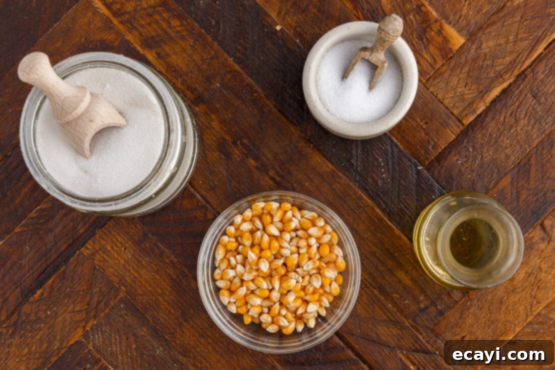 Irresistible Sweet & Salty Crunch 4 Four simple ingredients for kettle corn: oil, corn kernels, sugar, and salt