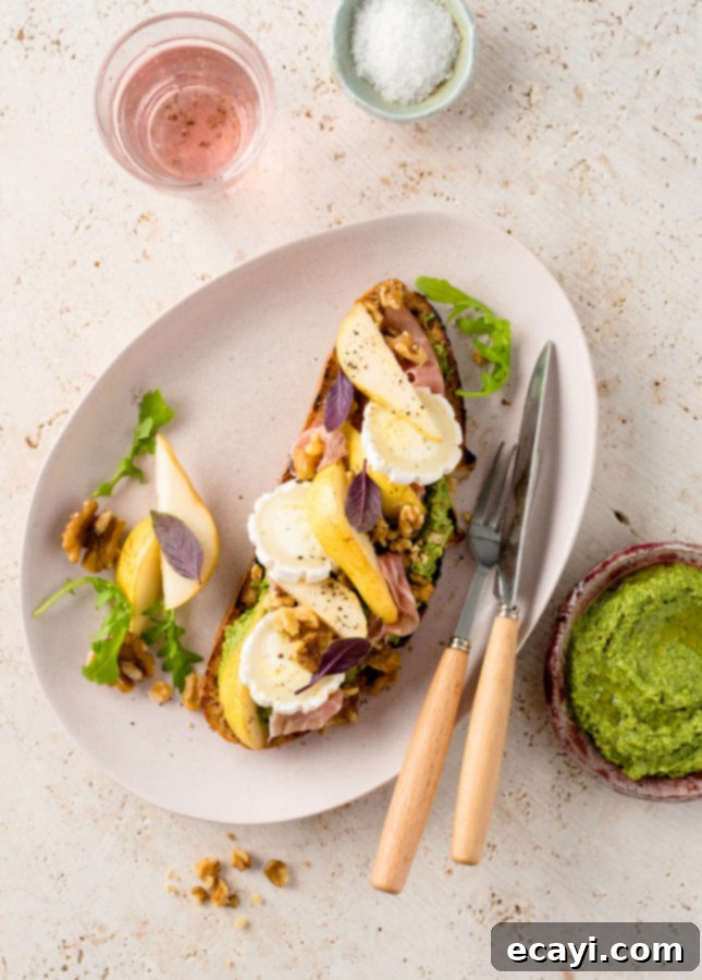 Creamy Goat Cheese & Sweet Pear Tartines with Nutty Arugula Pesto 2 Goat Cheese and Pear Tartines with Arugula Walnut Pesto // FoodNouveau.com