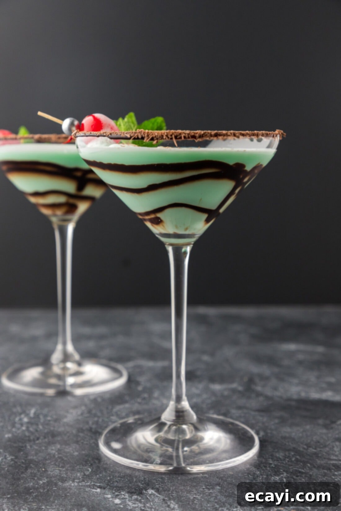 Velvet Grasshopper 2 Two Grasshopper Drinks, perfectly garnished and ready to be served