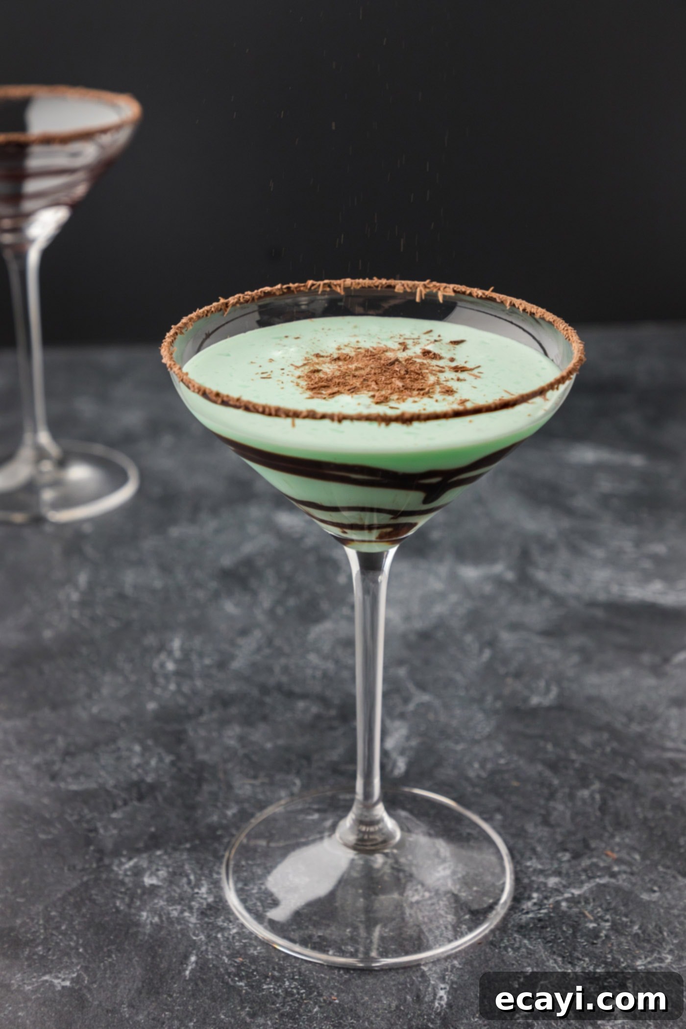 Velvet Grasshopper 12 shaved chocolate garnish and a cherry on top of a Grasshopper cocktail