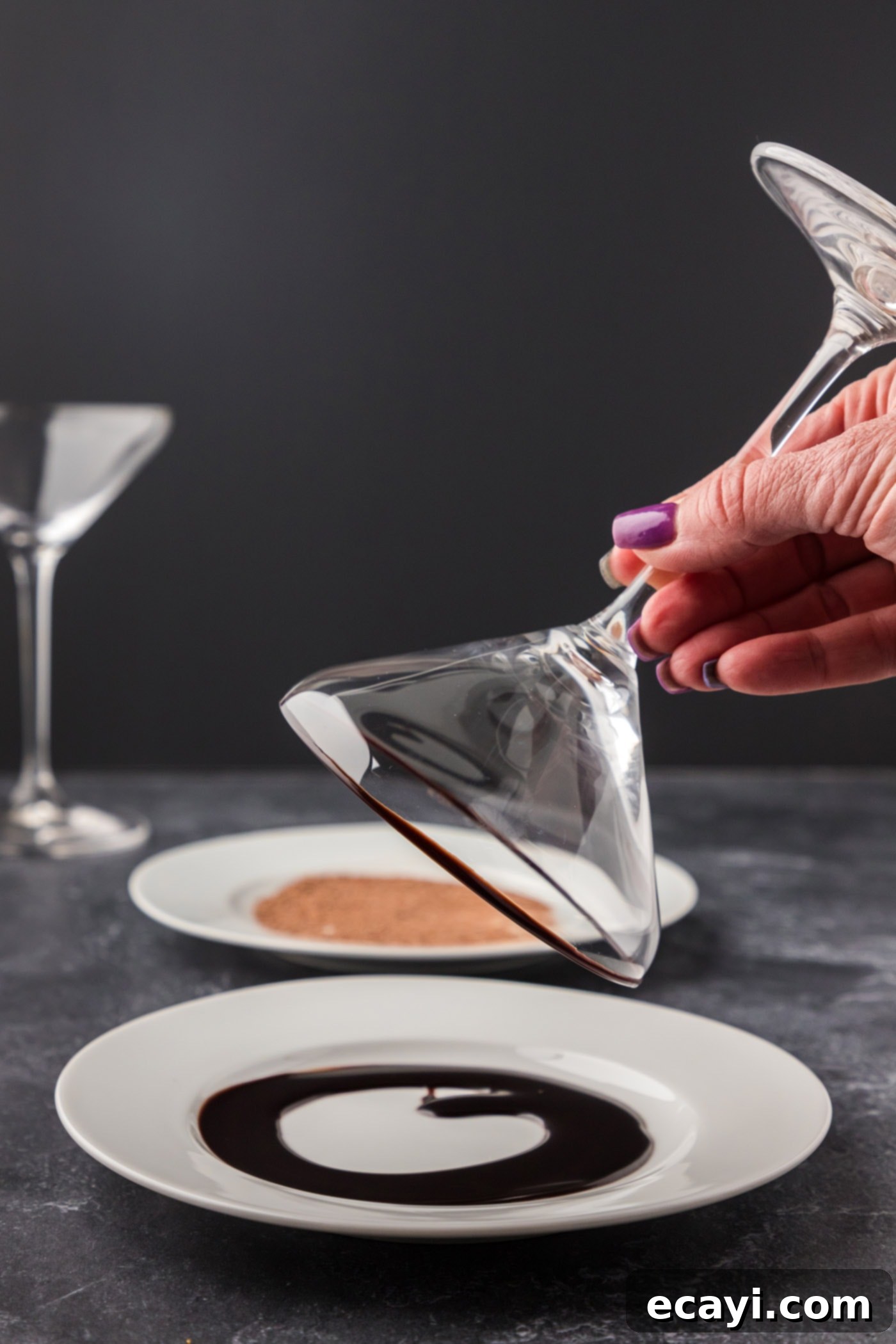Velvet Grasshopper 5 dipping rim of cocktail glass in chocolate syrup for garnish