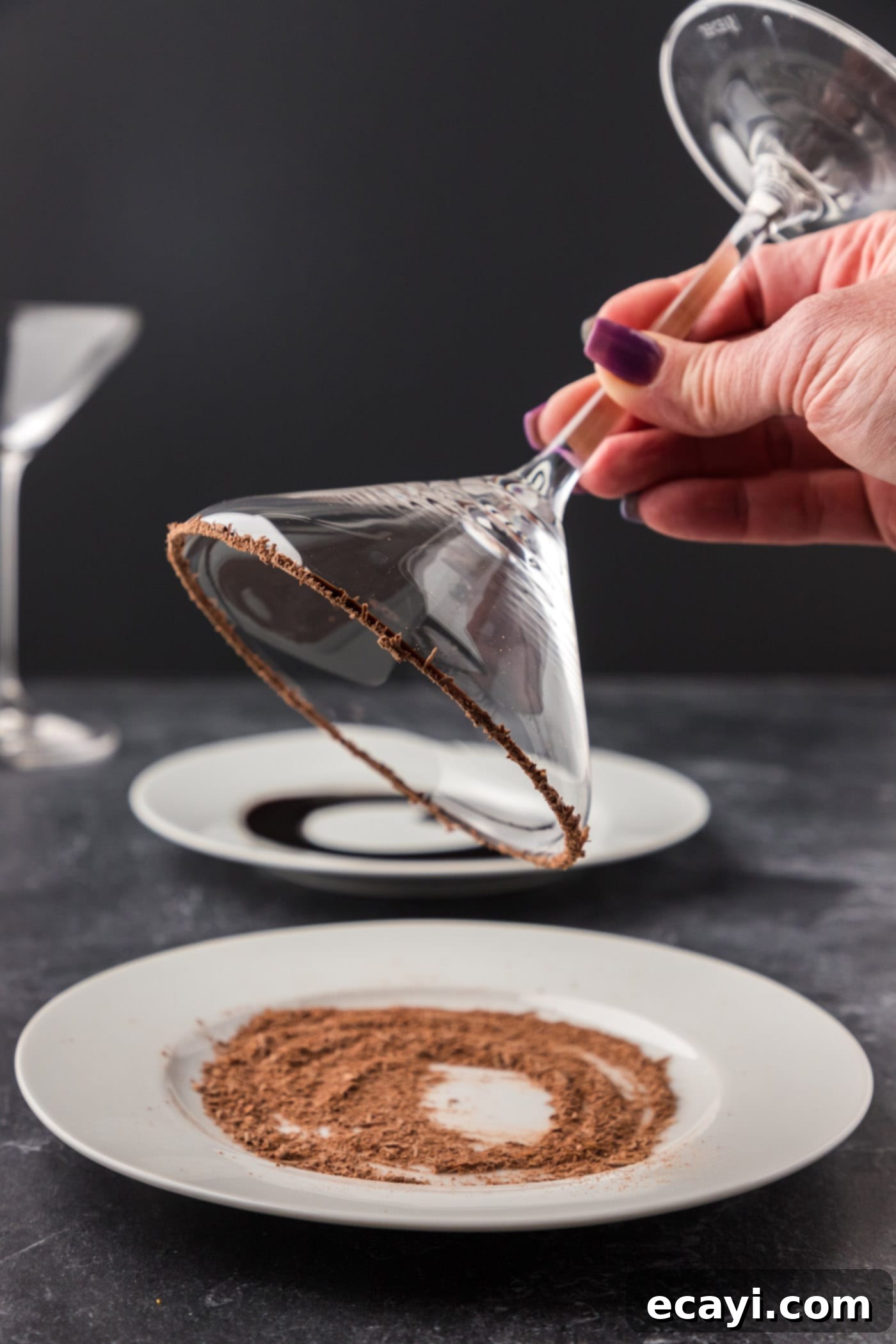 Velvet Grasshopper 6 dipping rim of chocolate-syrup-coated glass in shaved chocolate