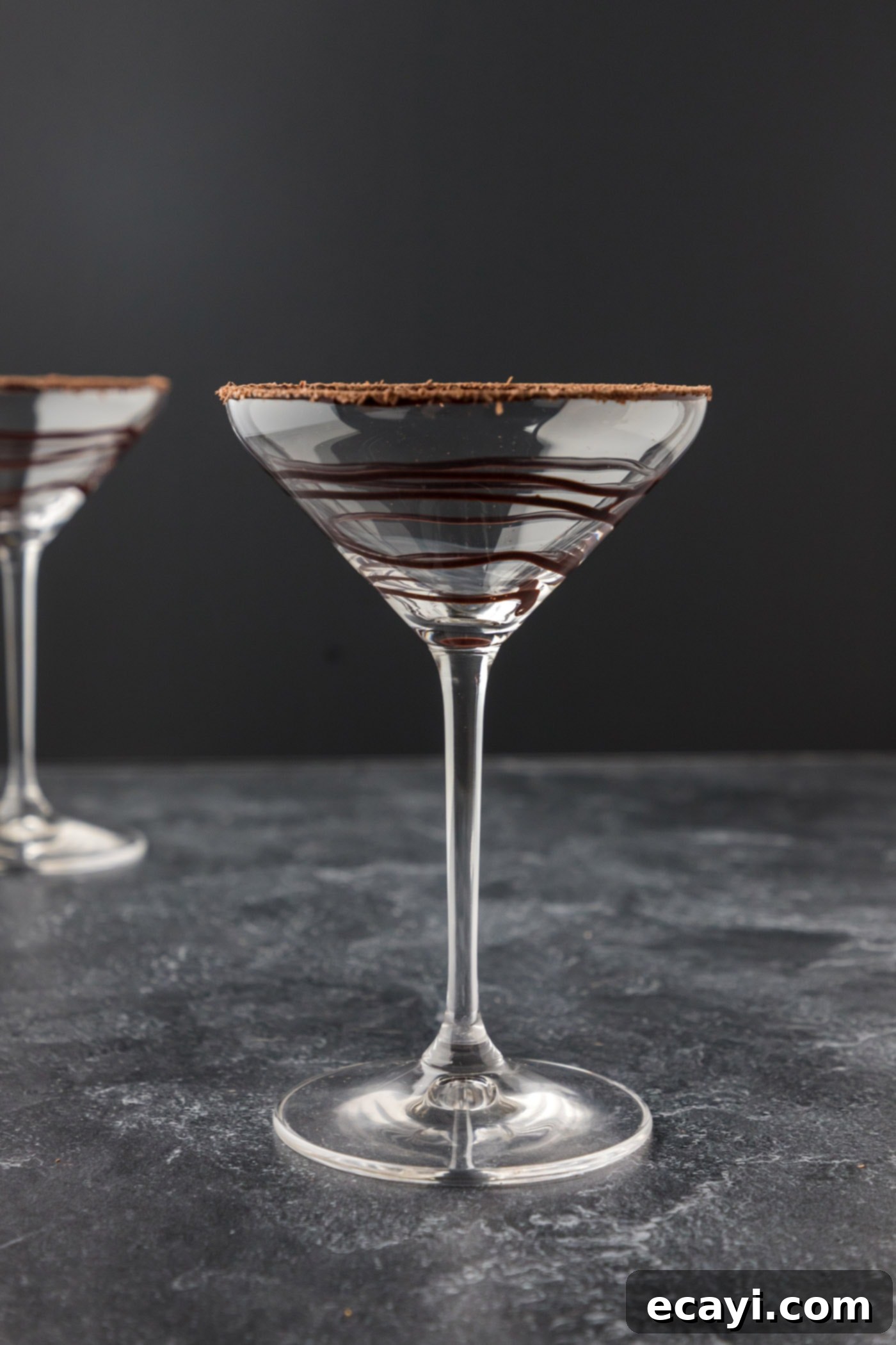 Velvet Grasshopper 7 martini glass prepared with chocolate drizzle on the inside