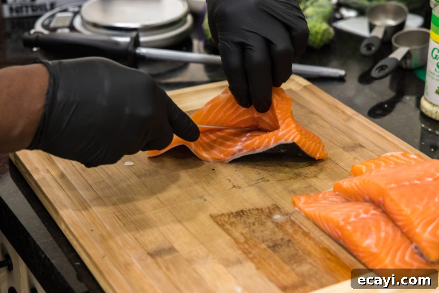 Gourmet Stuffed Salmon 14 opening salmon pocket for stuffing
