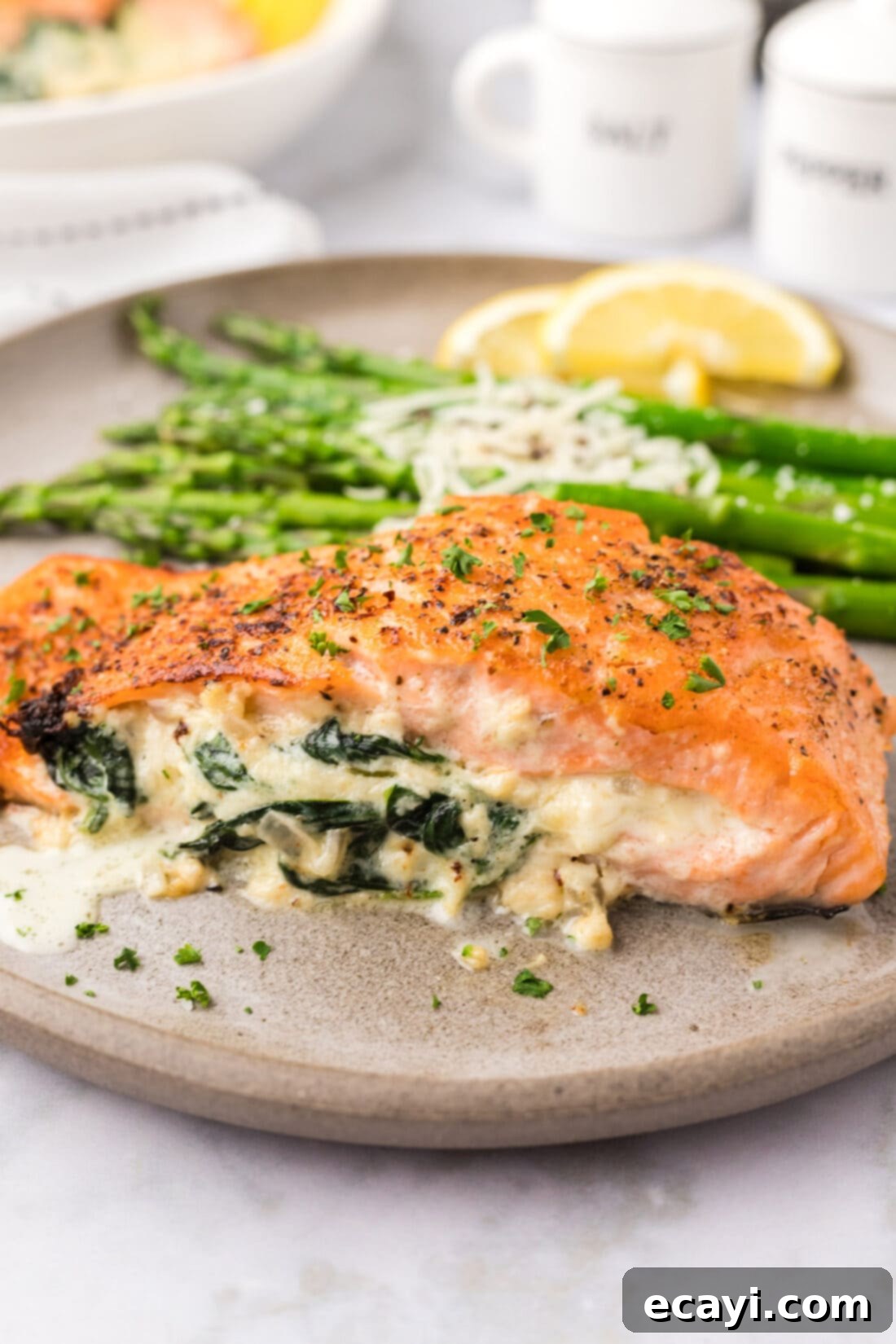 Gourmet Stuffed Salmon 3 Close up photo of Stuffed Salmon on a plate with asparagus