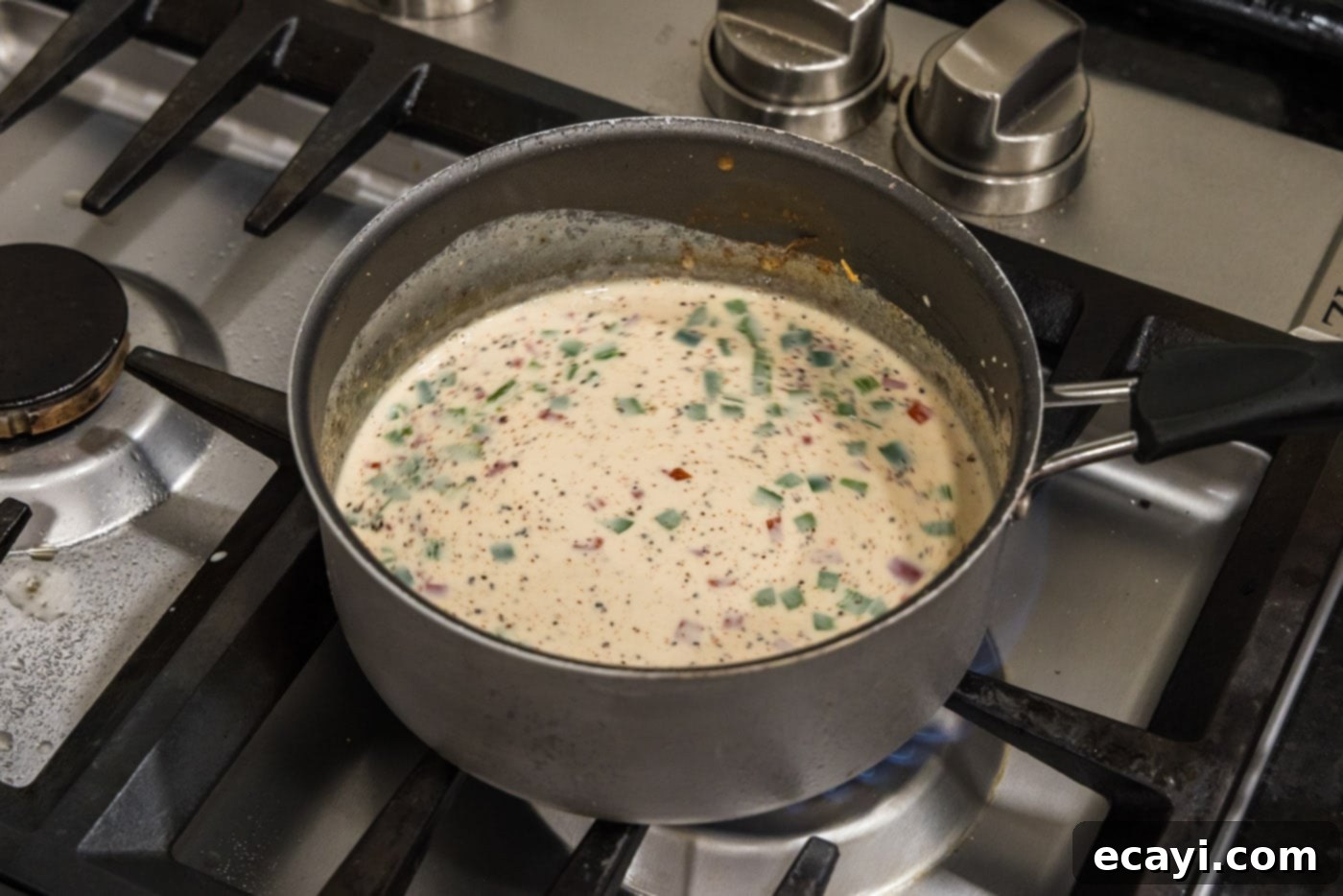 Creamy Queso 8 Stirring the spice and pepper mixture in evaporated milk on the stove