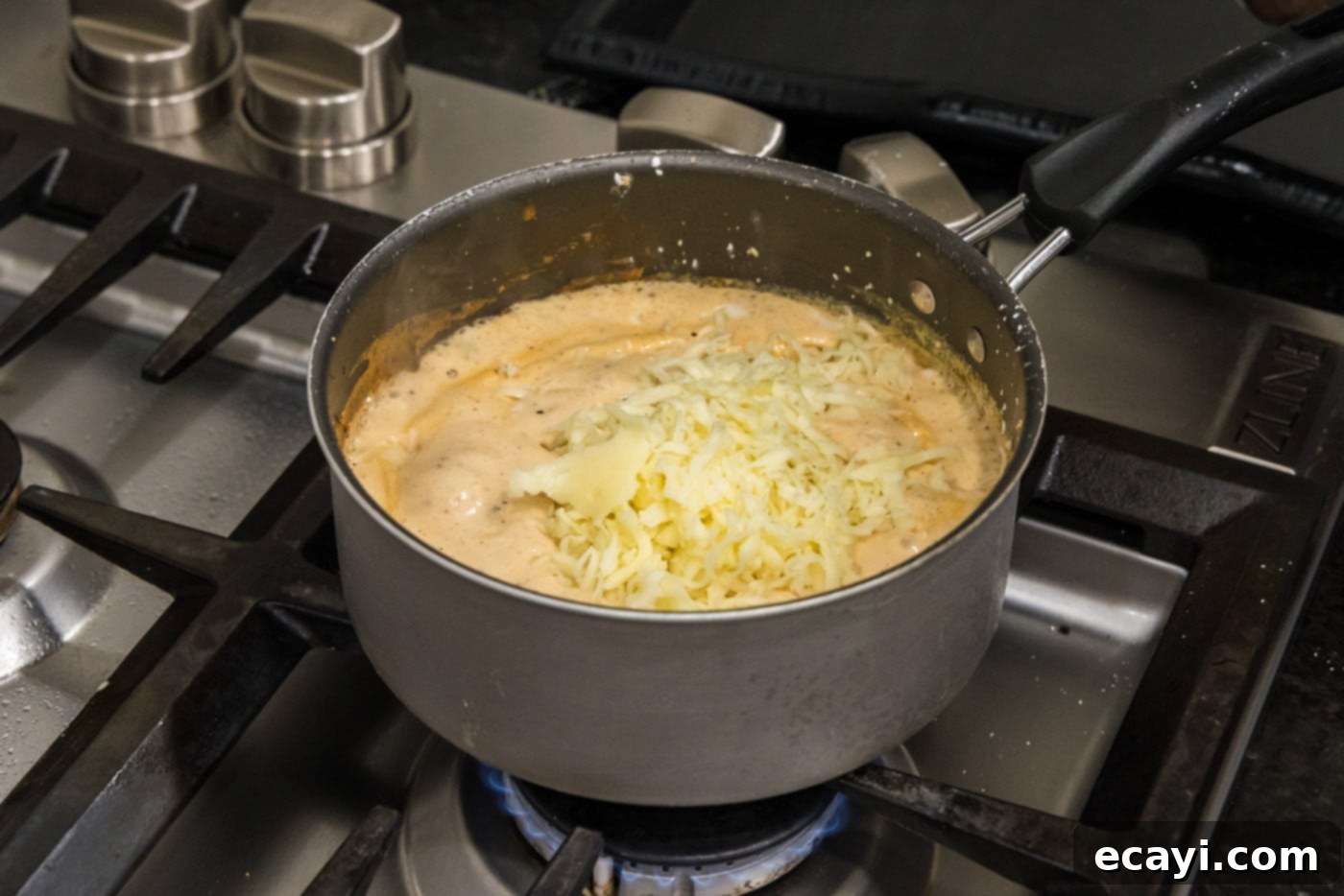 Creamy Queso 10 Adding shredded mozzarella cheese to the melting white cheddar and milk mixture