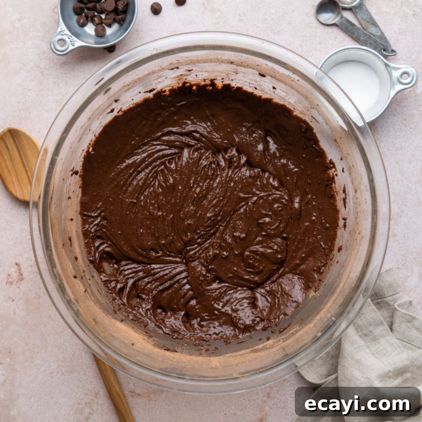 Decadent Millionaire Brownies 11 The brownie batter in a bowl after dry and wet ingredients have been lightly combined.