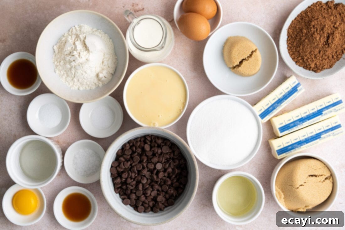 Decadent Millionaire Brownies 4 A flat lay photograph showing all the ingredients neatly laid out for making Millionaire Brownies.