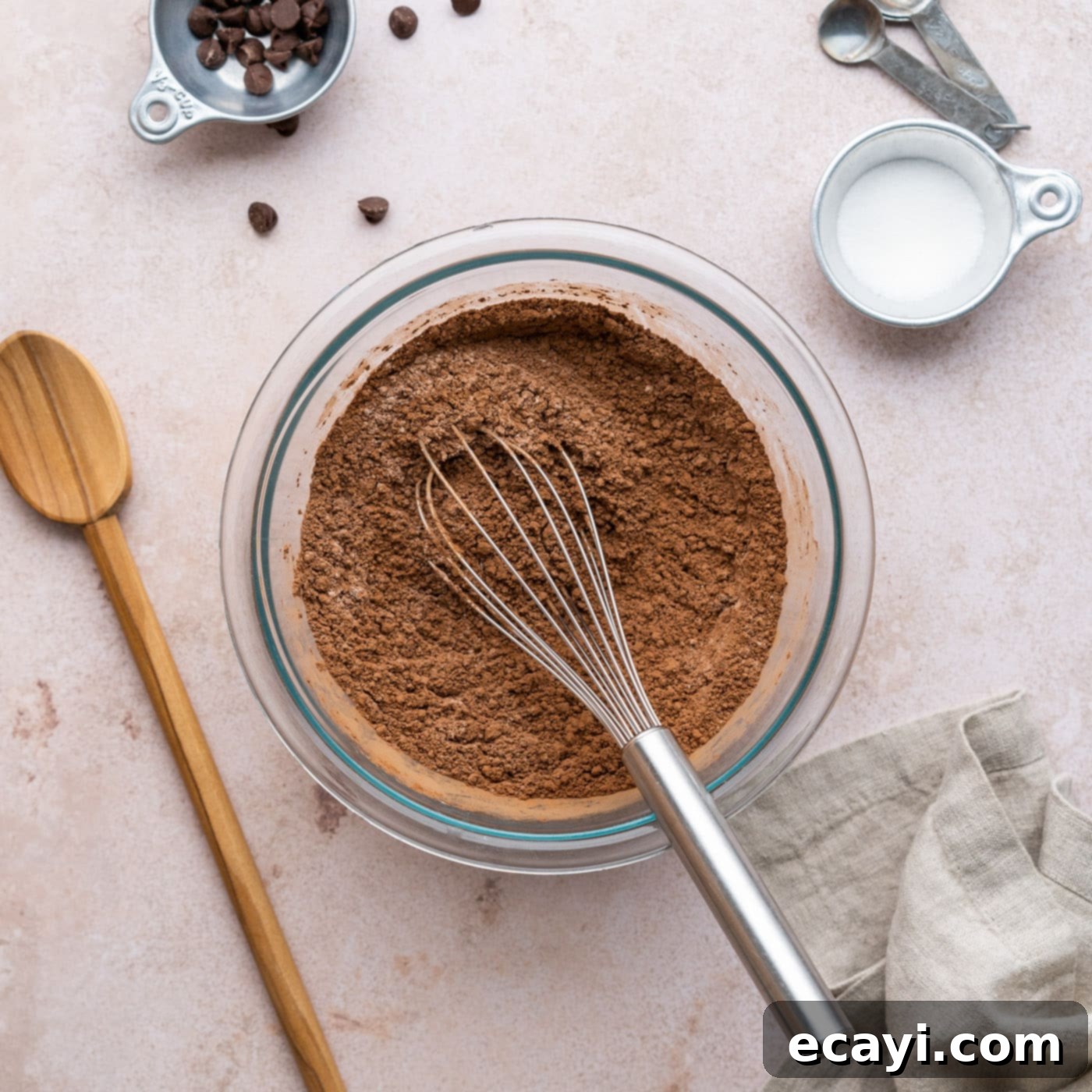 Decadent Millionaire Brownies 5 Flour, cocoa powder, and salt whisked together in a medium bowl, ready to be combined with wet ingredients.