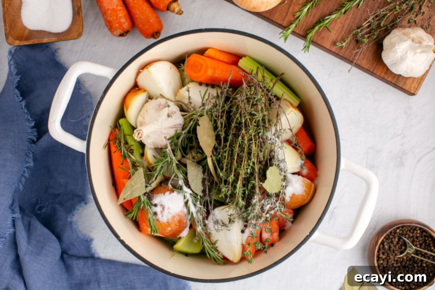 Garden Elixir 6 Fresh sprigs of thyme, rosemary, and bay leaves carefully placed over the vegetables in the stockpot