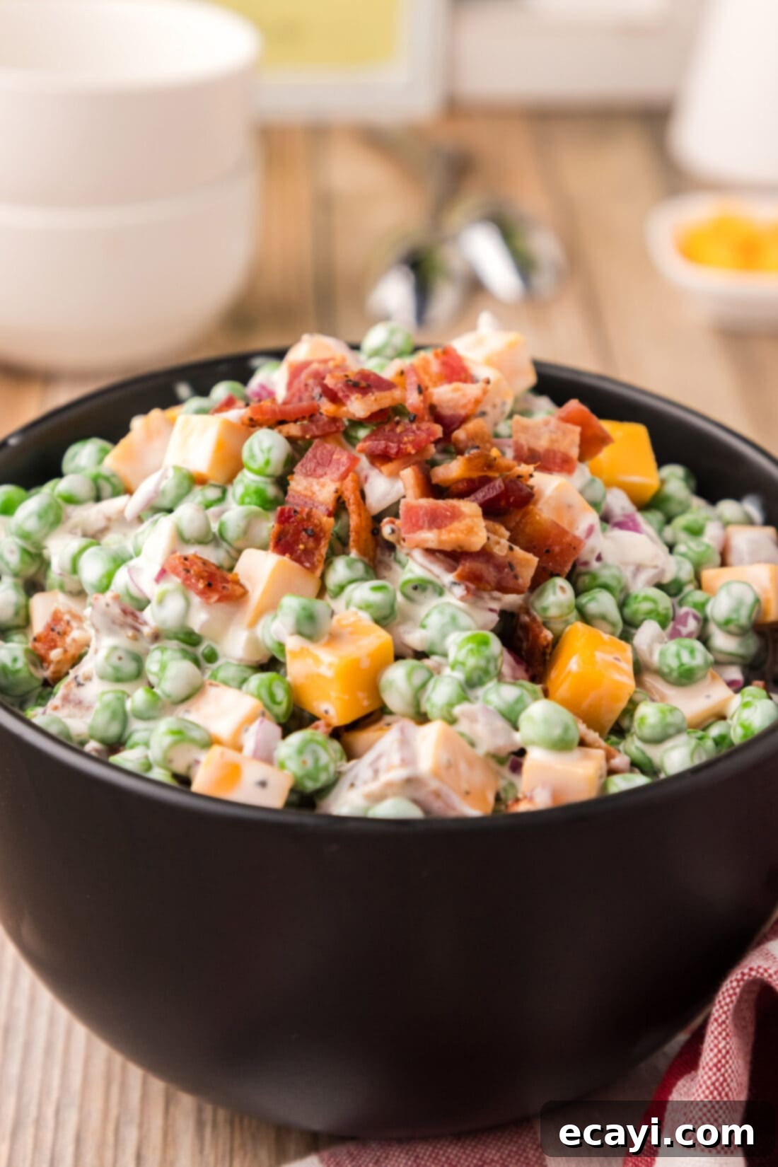 Refreshing Creamy Pea Salad 2 Close up photo of Pea Salad in a bowl, showcasing the creamy texture and ingredients.