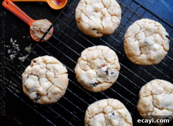 Ruby Red White Chocolate Delights 2 An overhead photo of cherry white chocolate chip cookies on a cooling rack.