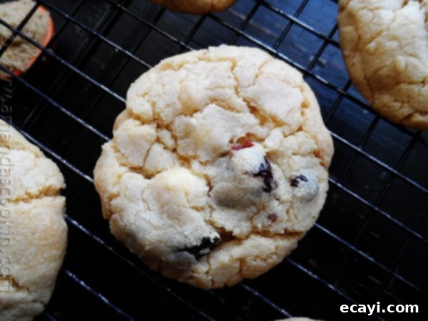 Ruby Red White Chocolate Delights 4 A close up overhead photo of a cherry white chocolate chip cookie on a cooling rack.