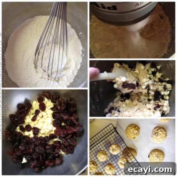 Ruby Red White Chocolate Delights 5 Photos of the steps to make cherry white chocolate chip cookies.
