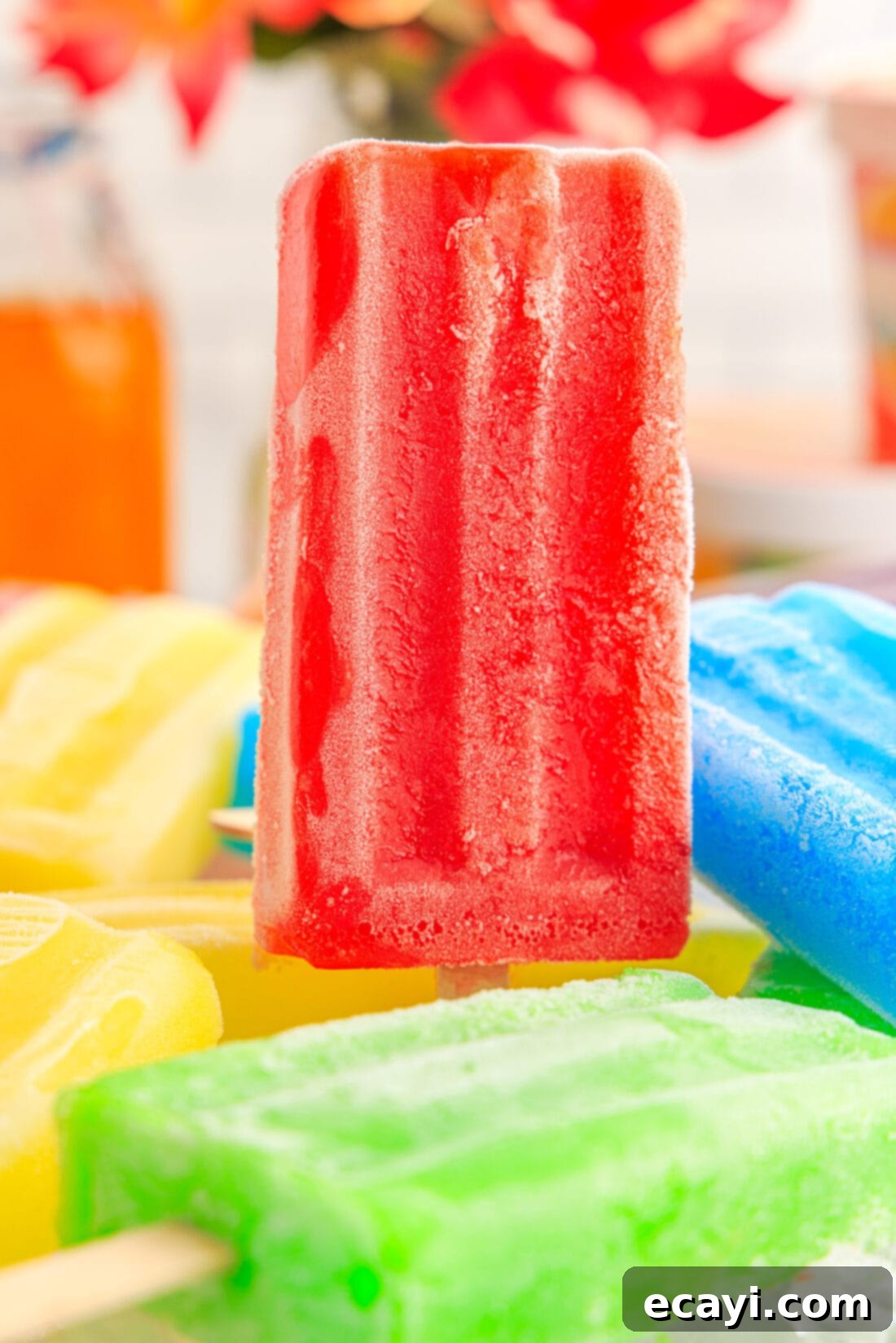 Colorful Gelatin Ice Pops 12 Red Jello Popsicle standing in a bowl of other Jello Popsicles