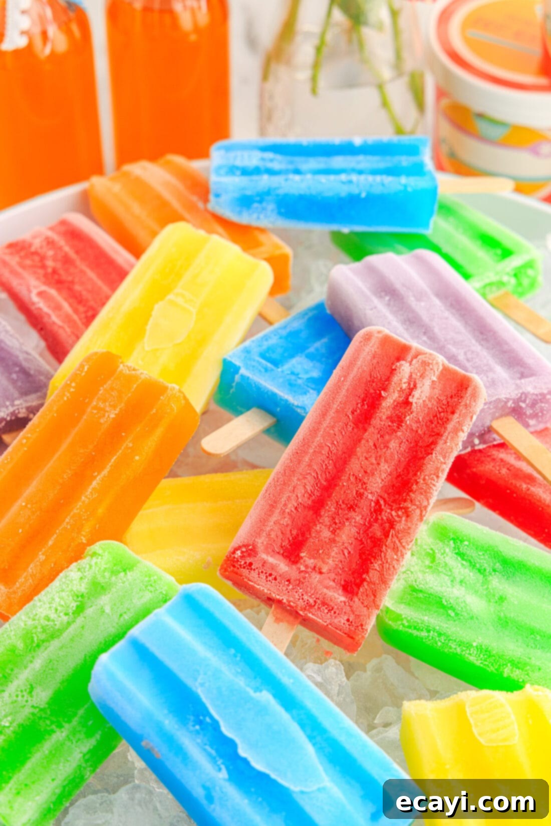 Colorful Gelatin Ice Pops 3 Jello Popsicles in a bowl of ice