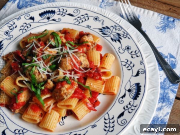 Spiced Chicken and Mezzi Rigatoni 5 An overhead of a plate of spiced chicken and mezzi rigatoni topped with grated Parmigiano-Reggiano cheese and fresh basil.