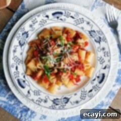 Spiced Chicken and Mezzi Rigatoni 7 An overhead of a plate of spiced chicken and mezzi rigatoni topped with grated Parmigiano-Reggiano cheese and fresh basil.
