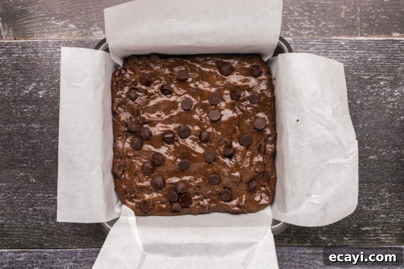 Foolproof Cake Mix Brownies 13 dark chocolate chips generously sprinkled over the brownie batter in the pan, ready for baking