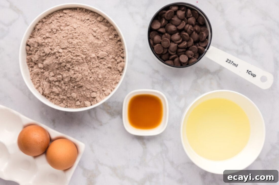 Foolproof Cake Mix Brownies 4 All 5 ingredients for Cake Mix Brownies laid out on a kitchen counter