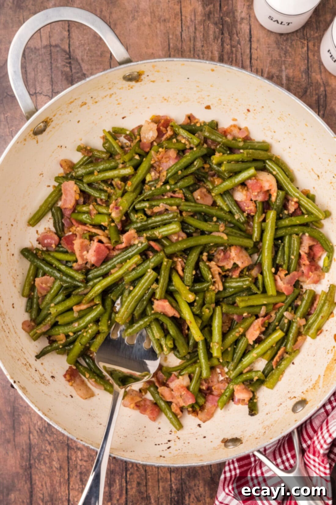 Homestyle Southern Green Beans 13 Large skillet filled with bubbling Southern Green Beans with visible bacon and shallots