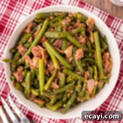 Homestyle Southern Green Beans 14 Bowl of Southern Green Beans with bacon and shallots, ready to serve