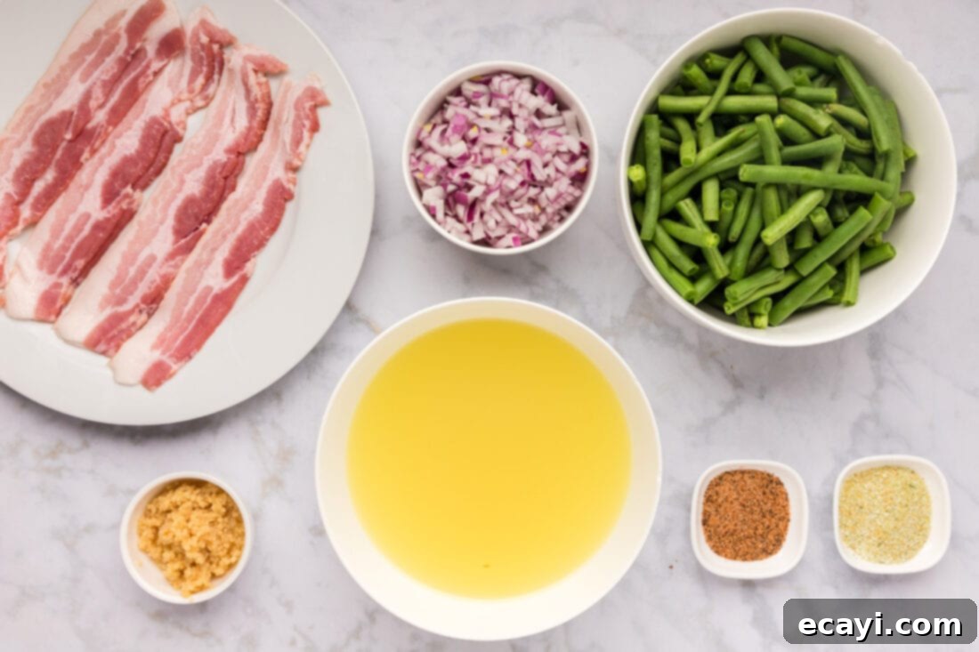 Homestyle Southern Green Beans 4 Fresh ingredients for Southern Green Beans including green beans, bacon, shallots, and garlic