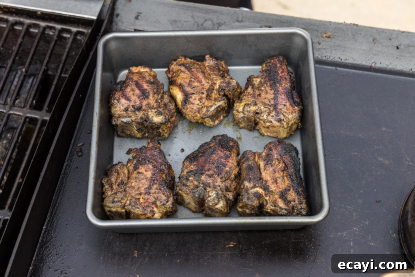 Succulent Grilled Lamb Loin 11 Grilled lamb loin chops placed in a baking pan, ready to be rested