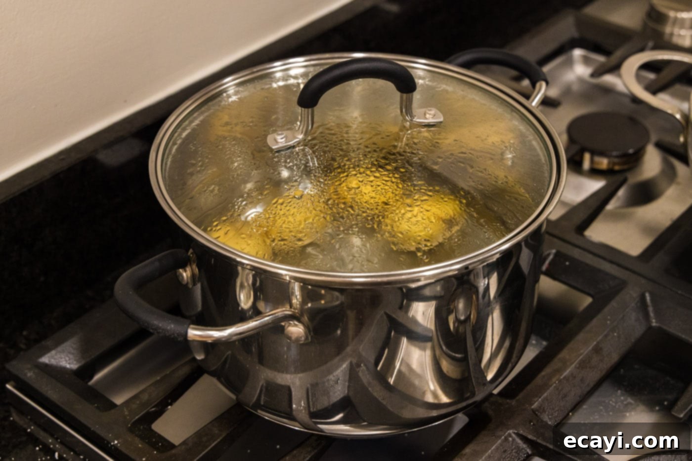 Crispy Smashed Spuds 6 lid covering potatoes in a pot of boiling water