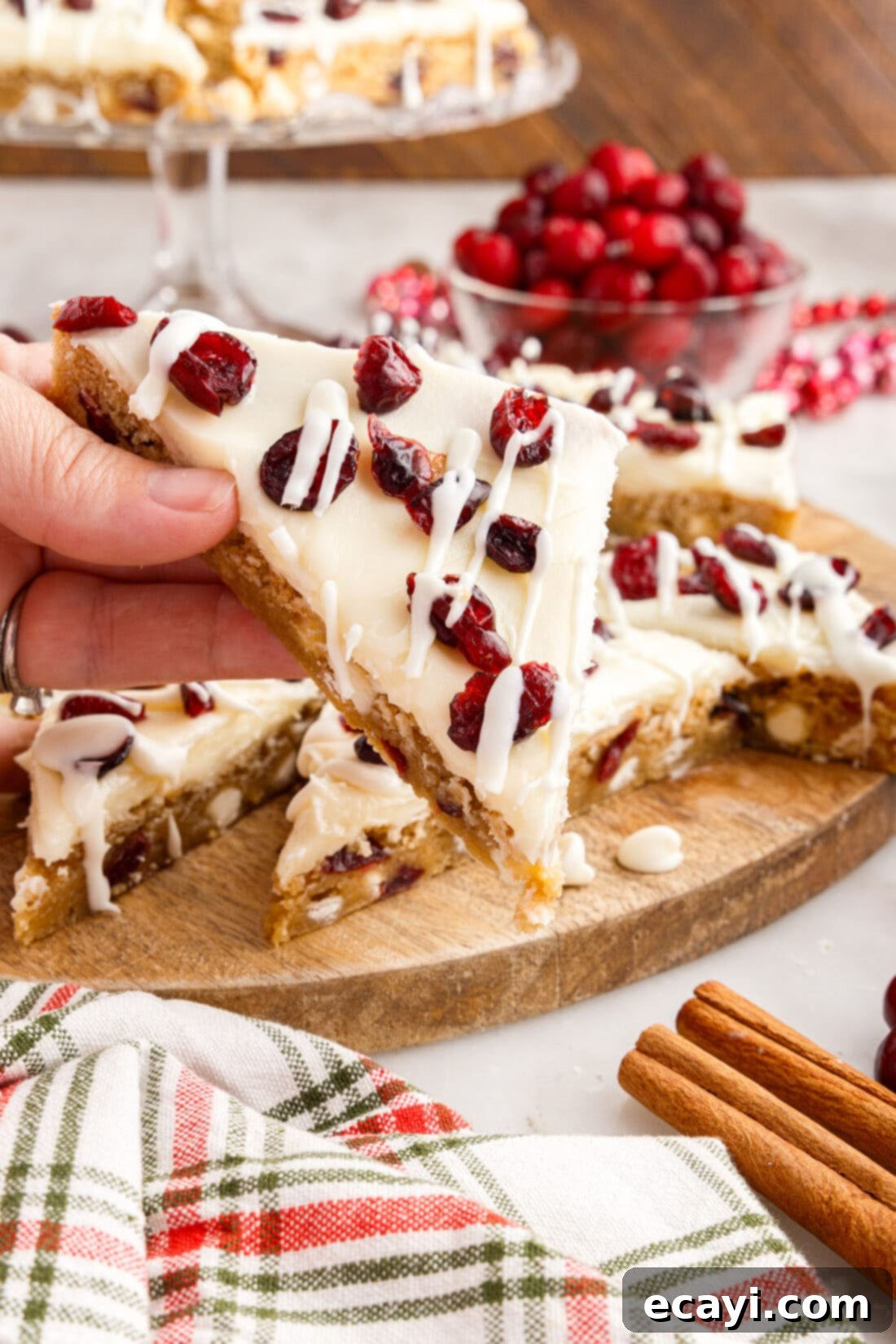 Dreamy Cranberry Squares 3 Hand holding a slice of Cranberry Bliss Bar showing its layers