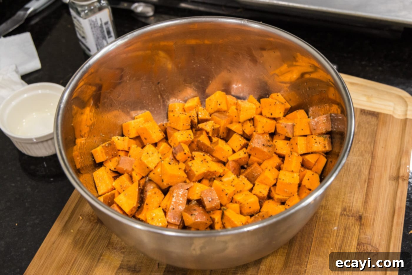 The Ultimate Roasted Sweet Potatoes 7 cubed sweet potatoes tossed in olive oil and seasonings