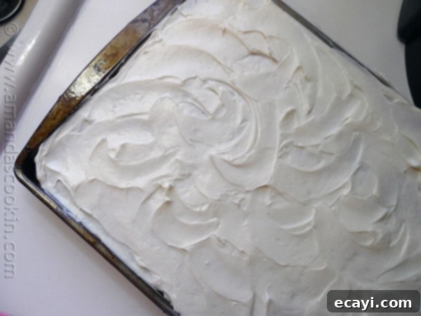 Luscious Banana Bars with Velvety Vanilla Frosting 5 An inviting overhead photo of a full sheet pan of banana bars, freshly frosted and ready to be cut.