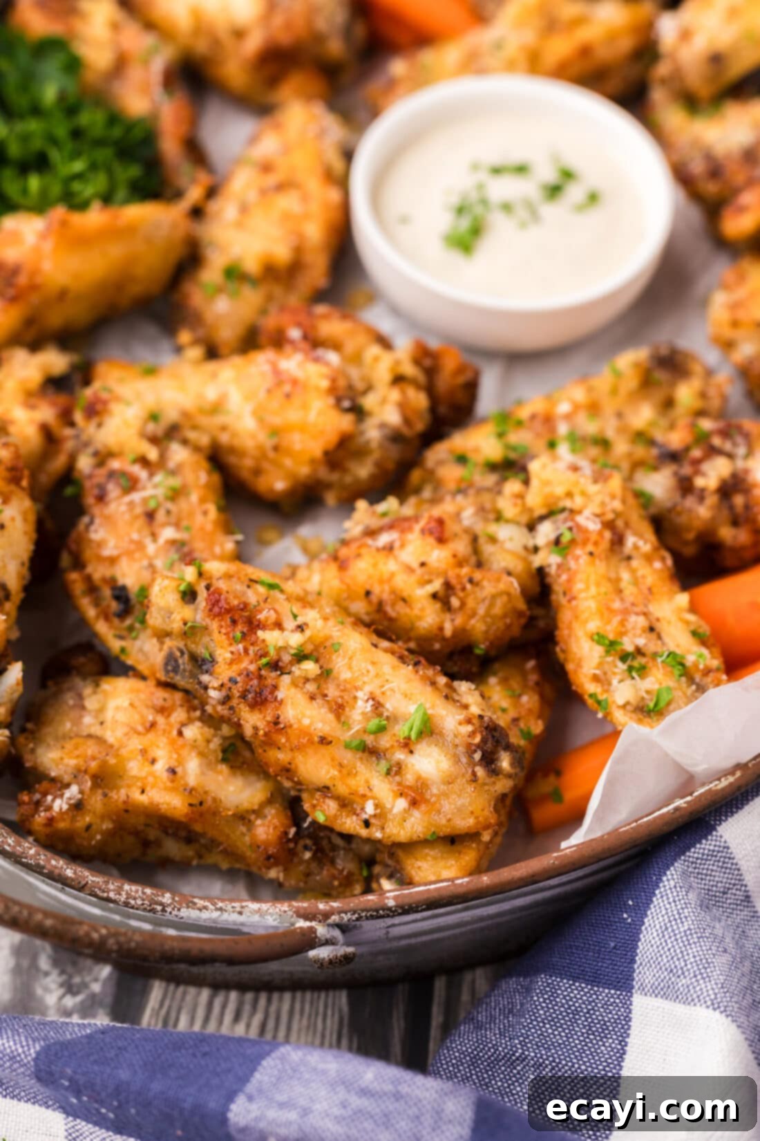 Crispy Garlic Parmesan Wings 3 Close up shot of several garlic parmesan chicken wings