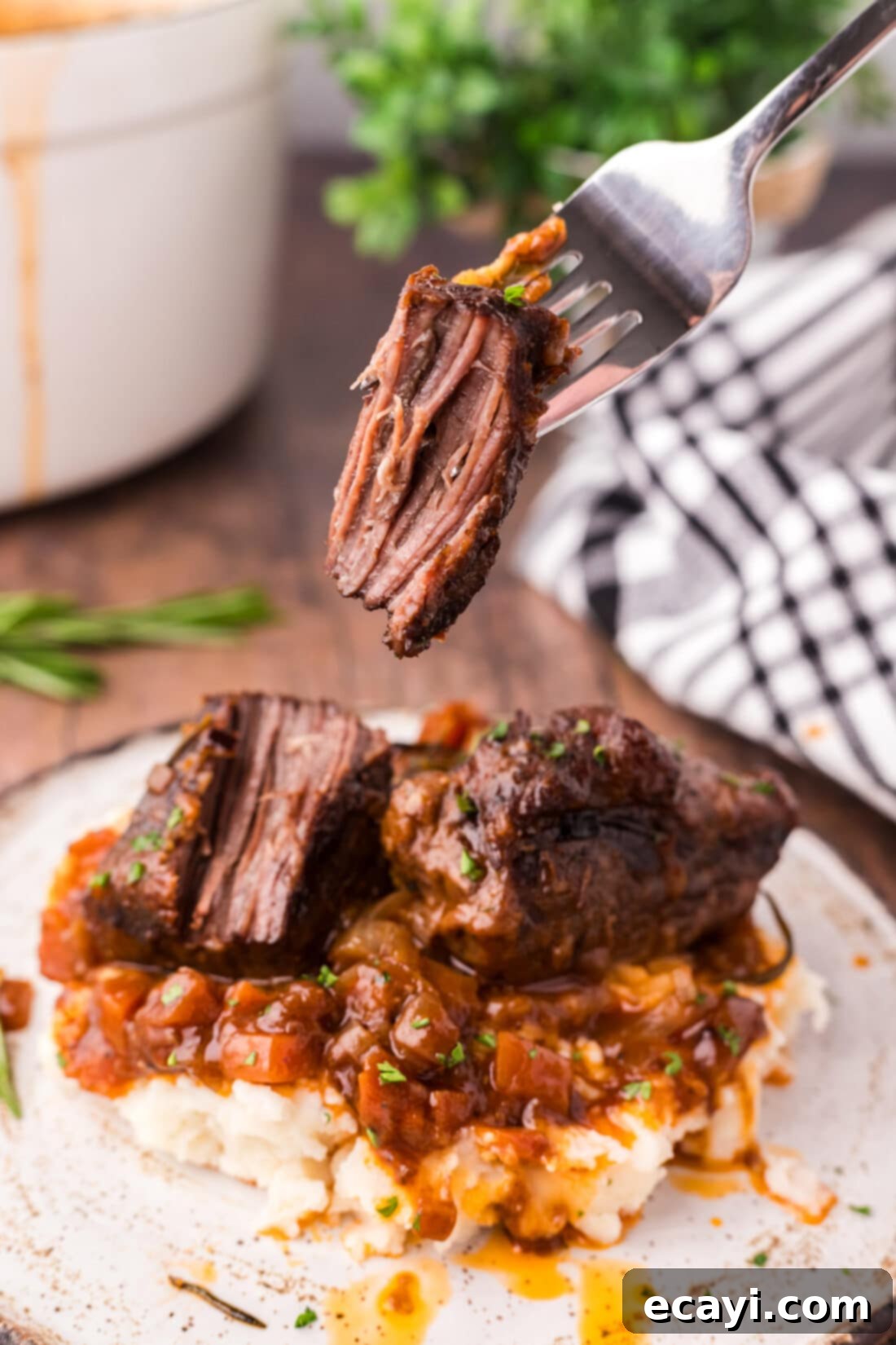 Fork-Tender Beef Short Ribs 16 Piece of Braised Beef Short Rib on a fork