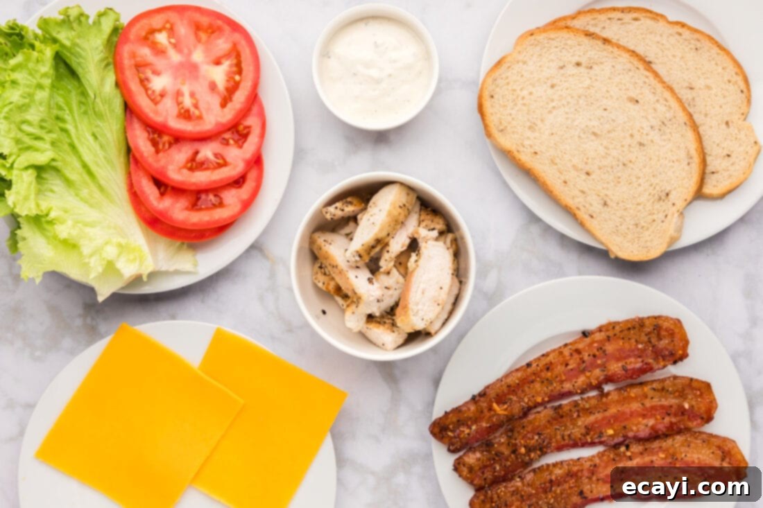 Ultimate Chicken Bacon Ranch Stack 4 A selection of fresh ingredients laid out for making the Chicken Bacon Ranch Sandwich