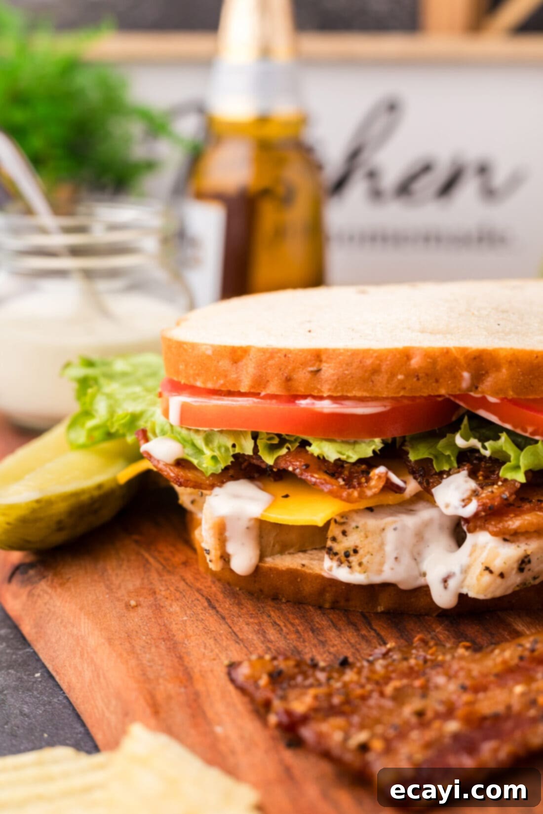 Ultimate Chicken Bacon Ranch Stack 10 Close up photo of a gourmet Chicken Bacon Ranch Sandwich, perfectly layered