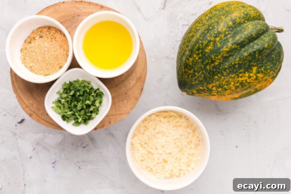 Delicious Air Fryer Acorn Squash 4 Ingredients for Air Fryer Acorn Squash laid out on a table