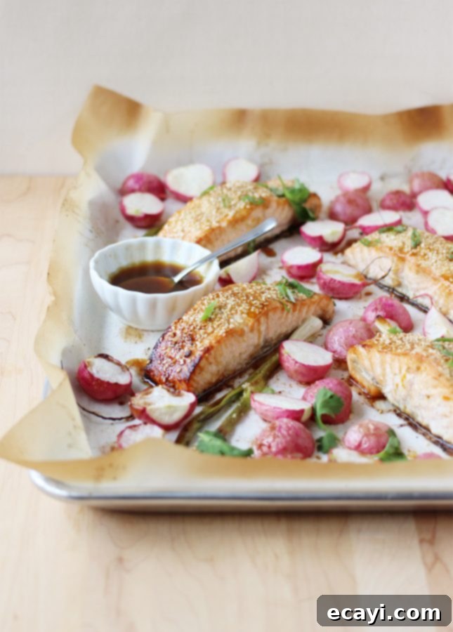 Sheet Pan Honey Sesame Salmon with Crispy Radishes 2 One-Pan Sesame Salmon with Roasted Radishes // FoodNouveau.com