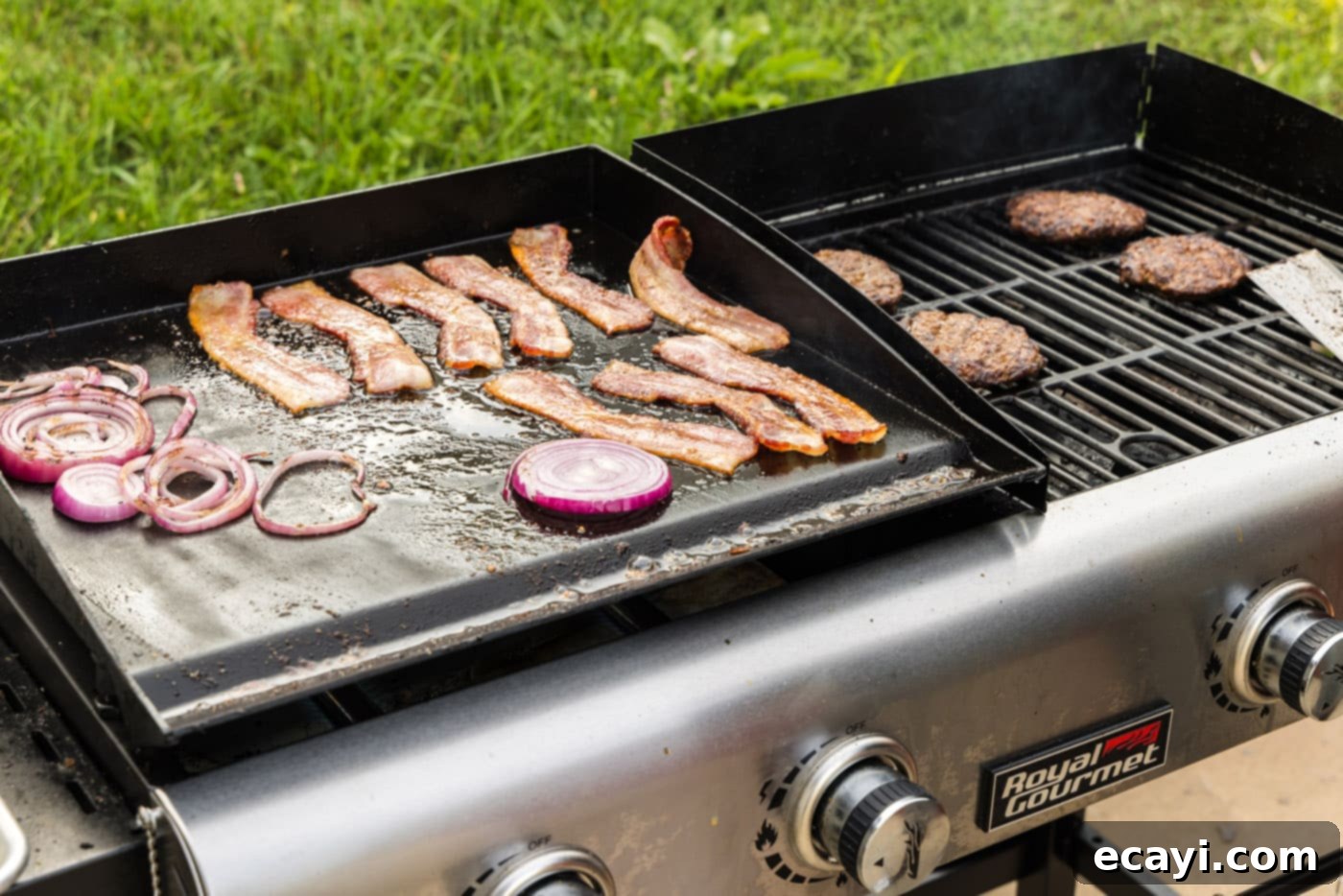 Smoky BBQ Bacon Burgers 9 bacon and onion cooking on flat top grill