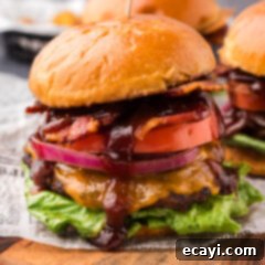 Smoky BBQ Bacon Burgers 15 Close up photo of a BBQ Bacon Burger