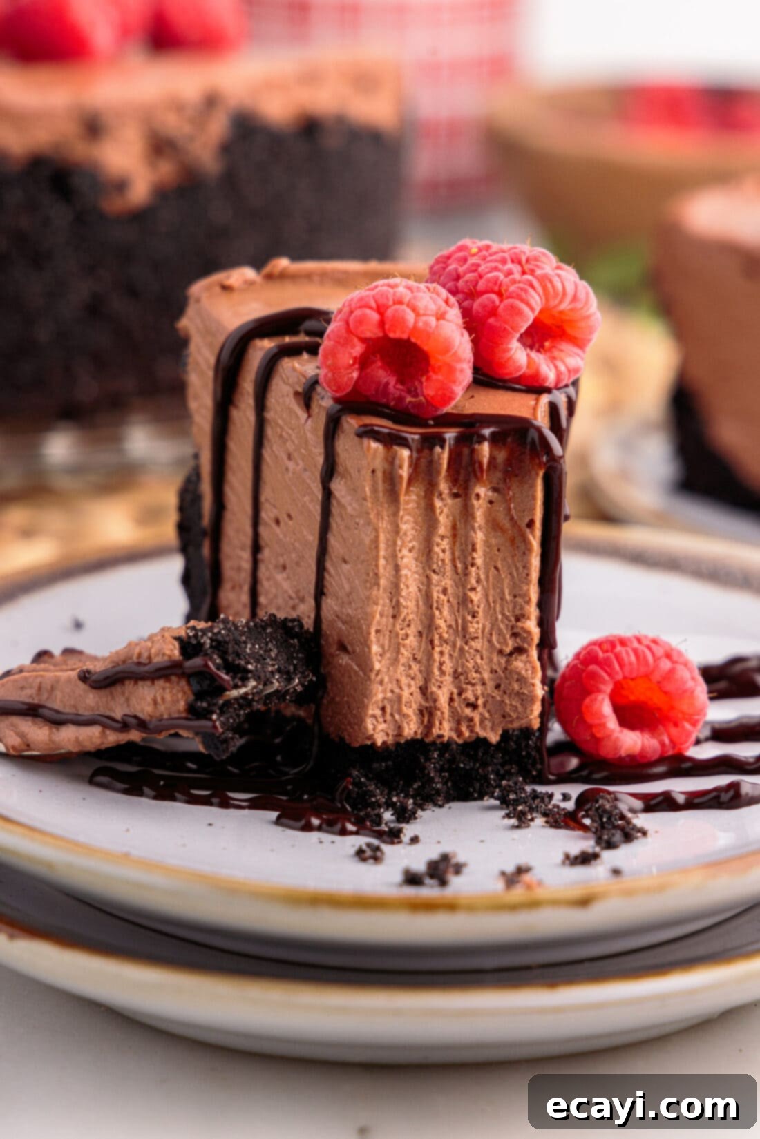 Decadent No-Bake Chocolate Cheesecake 20 Slice of No Bake Chocolate Cheesecake on a plate with a bite taken out using a fork