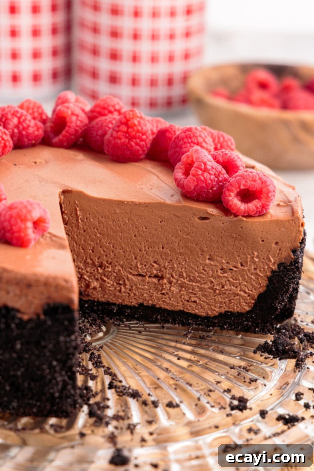 Decadent No-Bake Chocolate Cheesecake 3 No Bake Chocolate Cheesecake with two slices removed