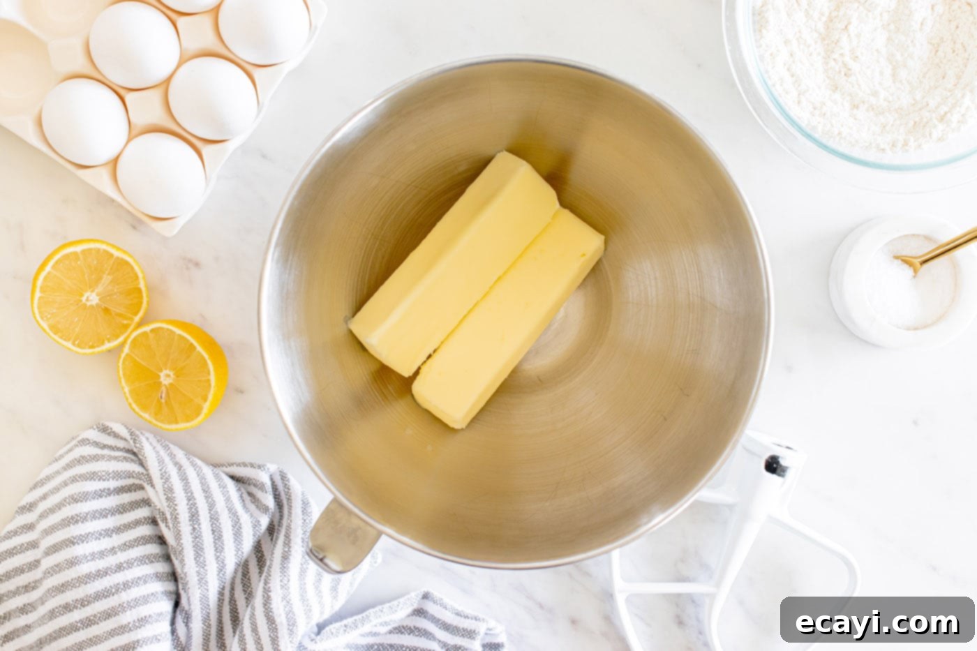 Zesty Lemon Loaf 6 two sticks of butter in a stand mixer bowl